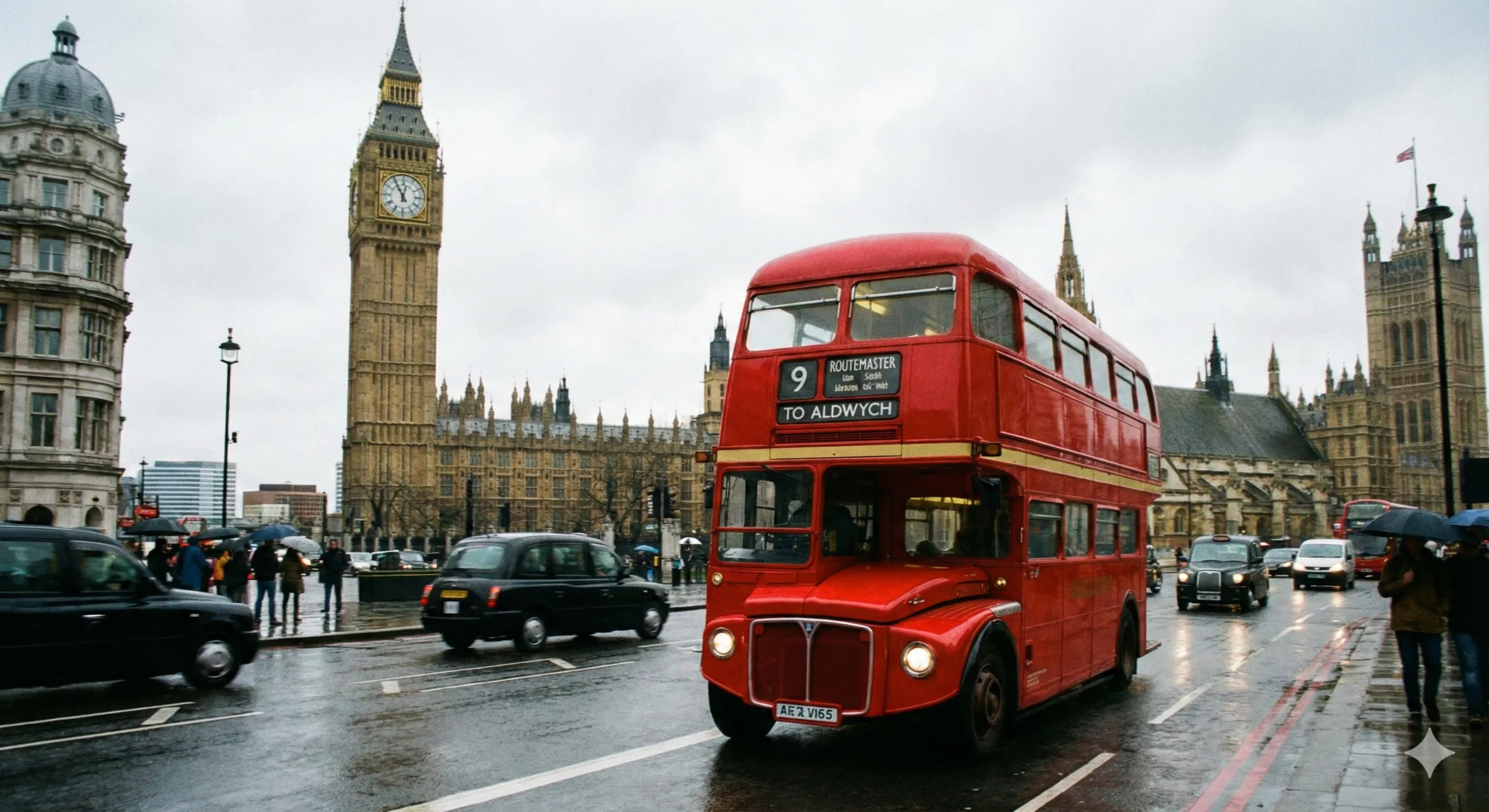 Bus anglais rouge à deux étages en mouvement sur une rue animée de Londres, avec le Big Ben en arrière-plan