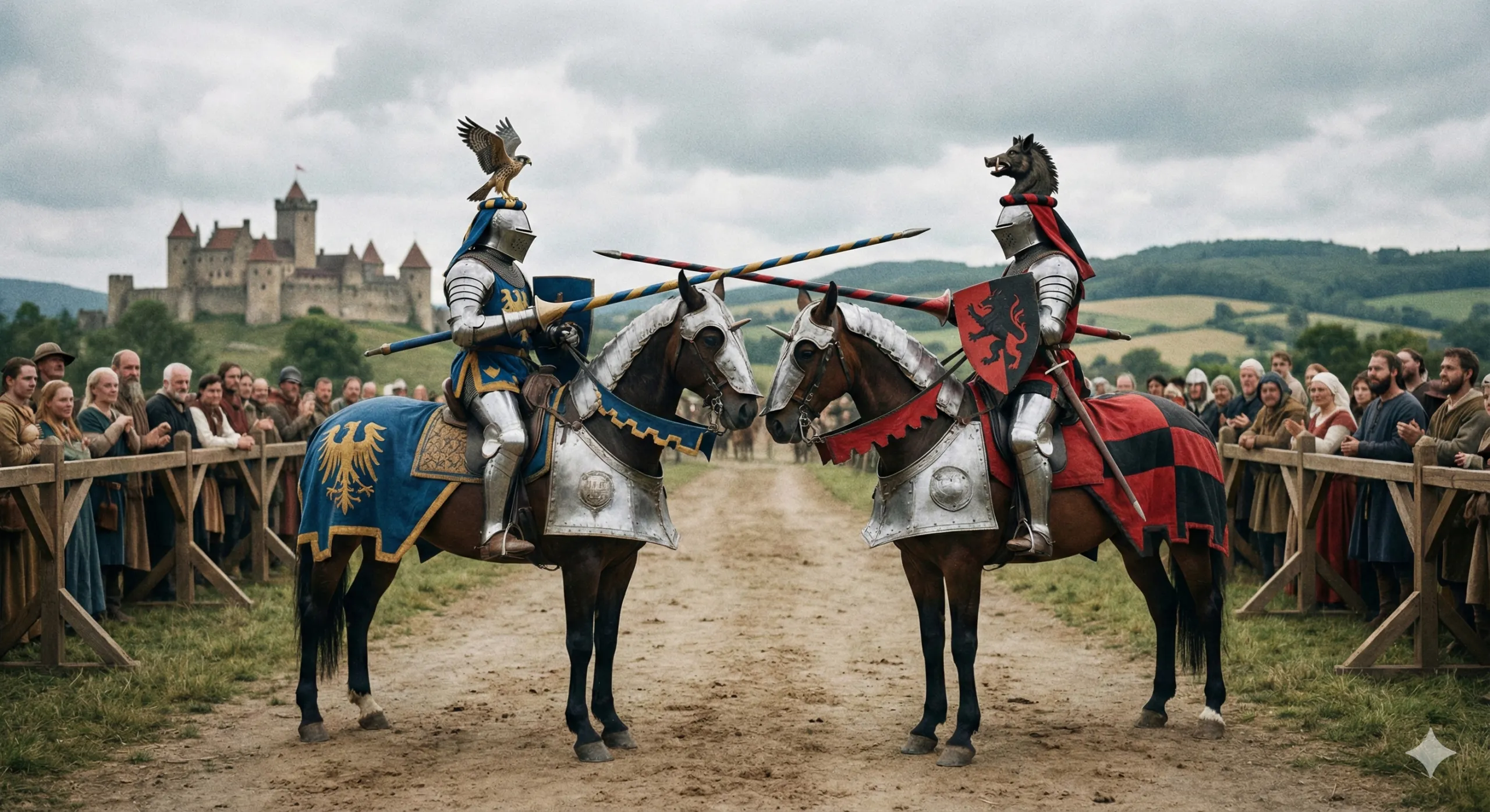 Deux chevaliers médiévaux en armure complète se préparant à un duel à cheval sur un chemin, dans un paysage médiéval