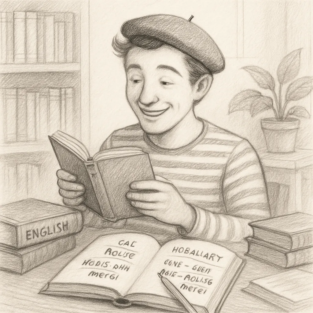 étudiant français lisant un livre anglais. Dessin au vrayon en noir et blanc