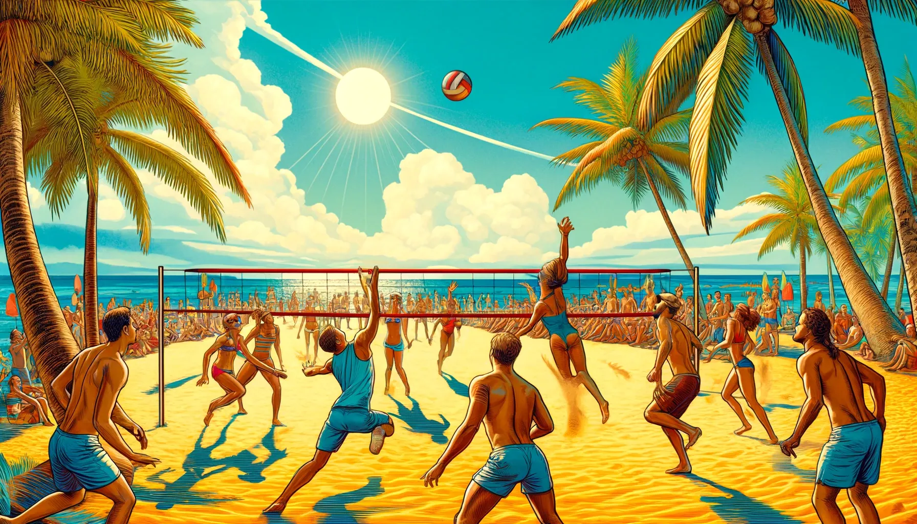 Illustration de gens jouant au volley sur une plage ensoleillée avec des palmiers et l'océan en arrière-plan