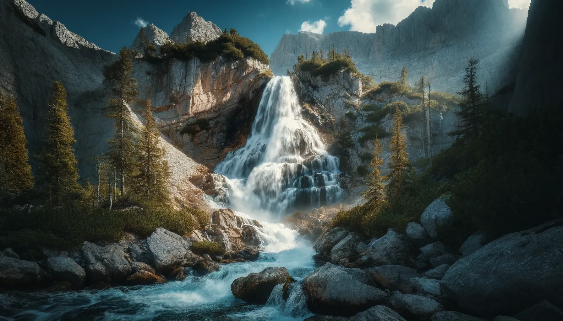 Cascade de montagne haute altitude, eau claire tombant sur des rochers tranchants, avec des arbres alpins et ciel bleu en arrière-plan.