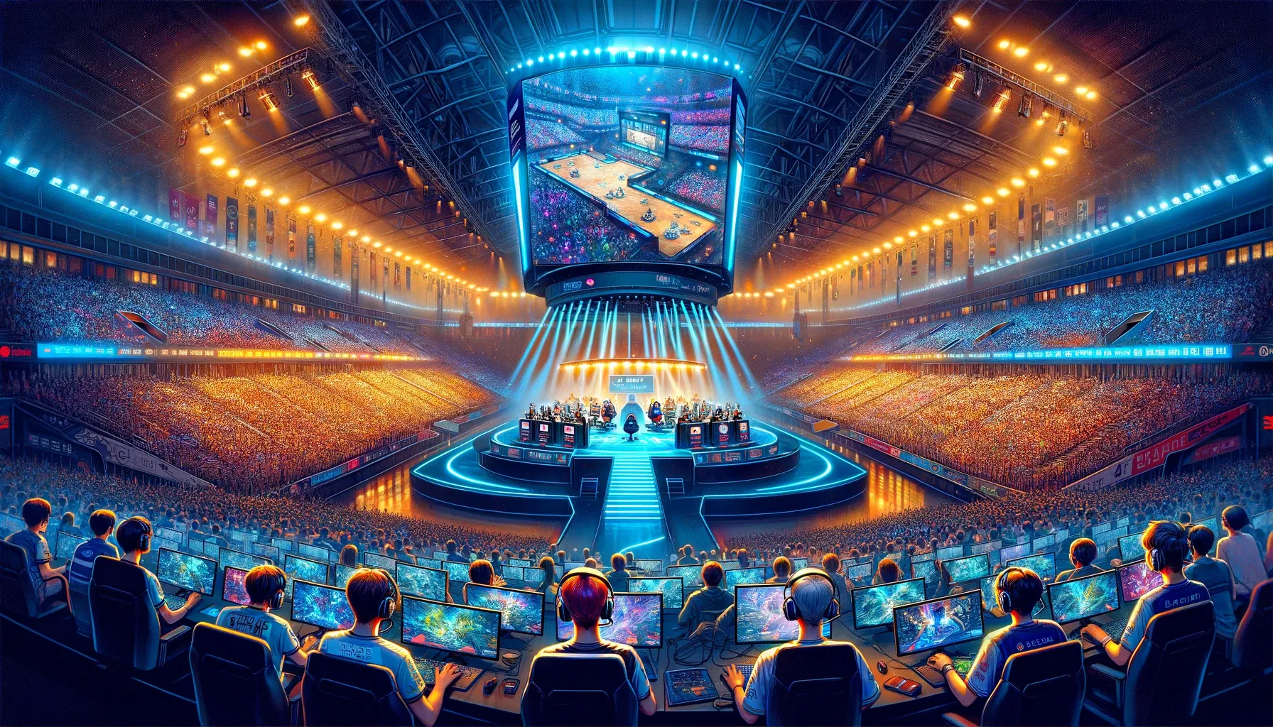Compétition d'esport en Corée dans un grand stade, avec des joueurs concentrés et une foule passionnée.