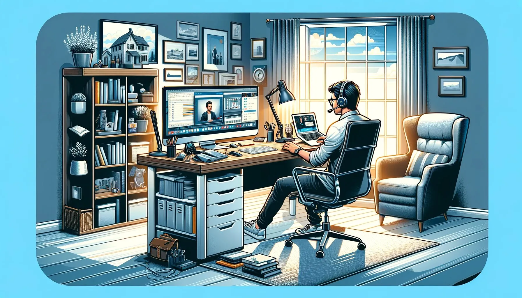 Illustration numérique d'un aménagement de travail à distance, montrant une personne travaillant depuis son domicile avec un bureau bien organisé