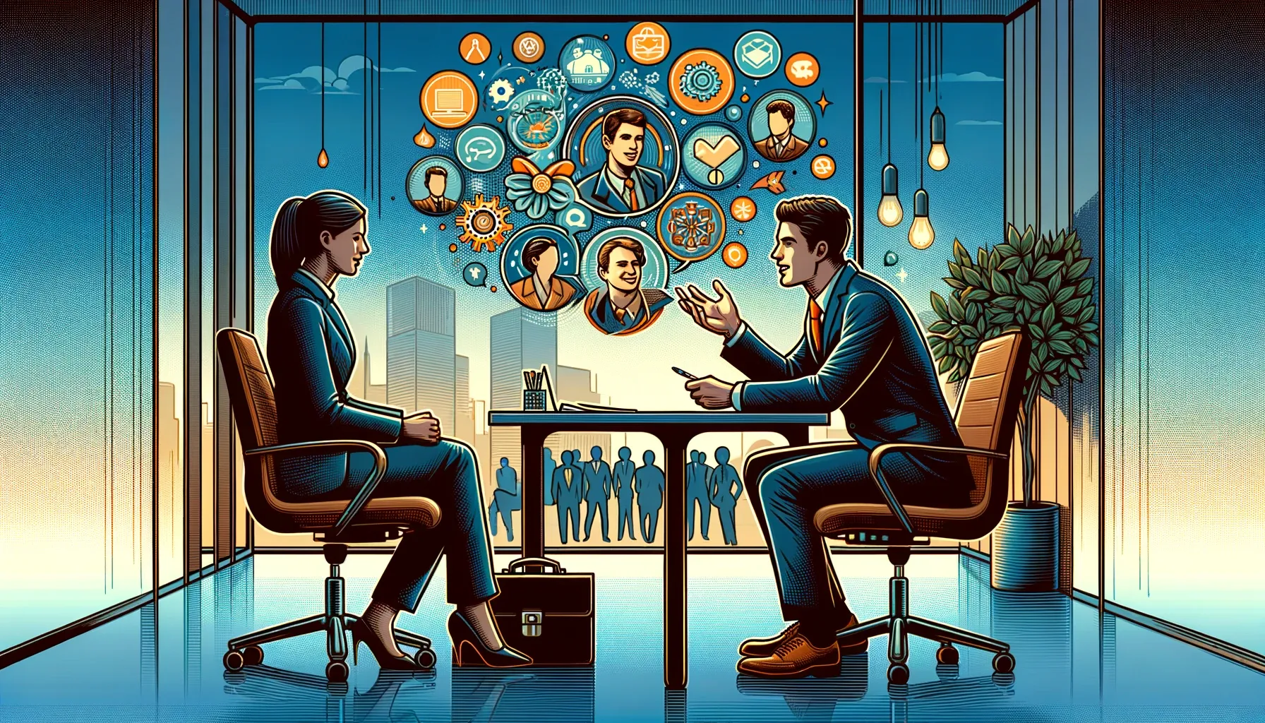 Scène d'entretien d'embauche où un candidat décrit ses expériences précédentes à un recruteur dans un bureau moderne.