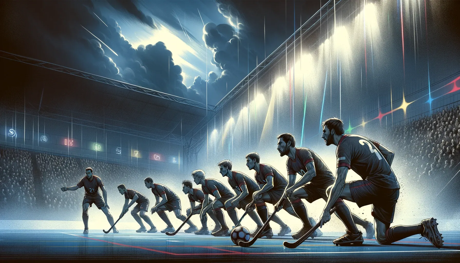 Illustration d'une équipe sportive concentrée avant un match crucial, avec un éclairage dramatique sur le terrain, symbolisant la tension et l'urgence de bien jouer pour la victoire.