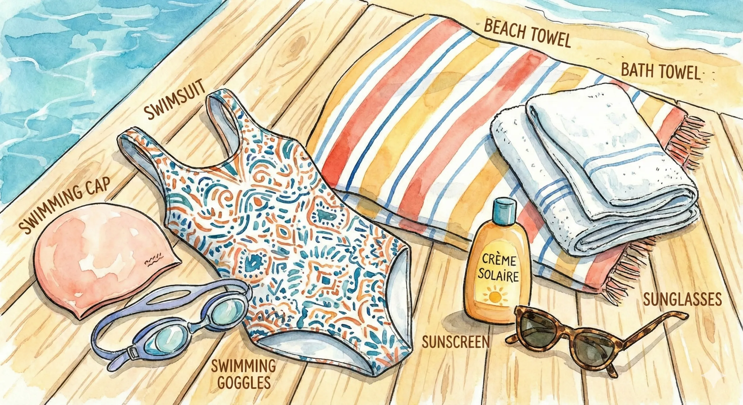 équipement pour la piscine : swimming pool (beach towel, bath towel, sunglasses, swimming cap, swminsuit...)