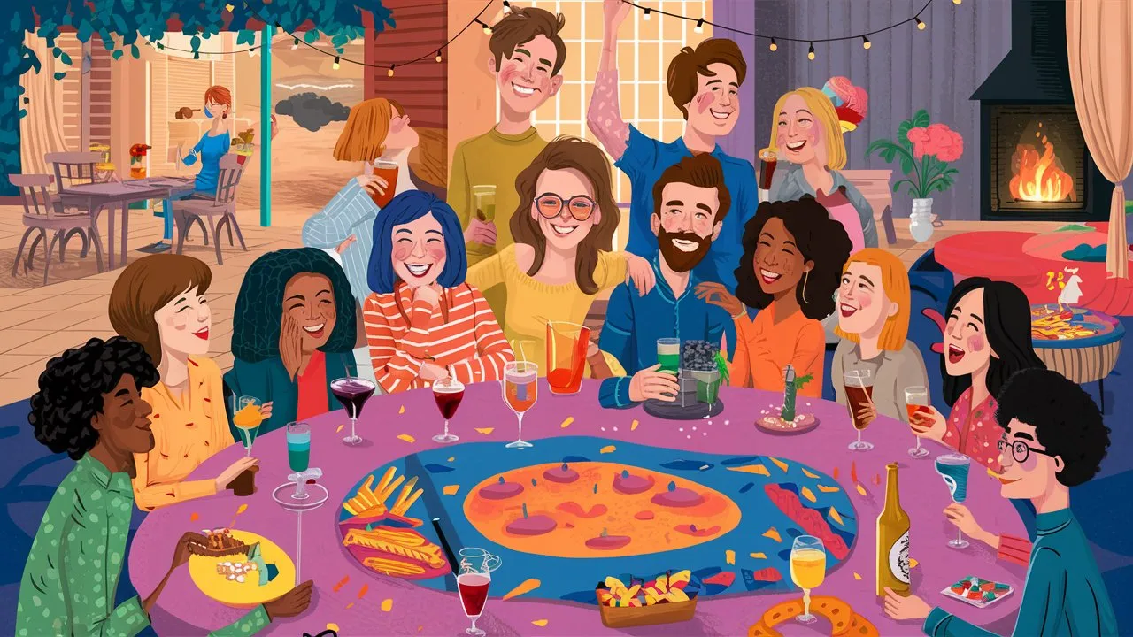 Illustration vivante et colorée d'une fête qui bat son plein, avec la moitié de tes amis réunis autour d'une grande table vibrante. Diverses boissons et collations sont étalées, dans une atmosphère joyeuse et confortable. L'arrière-plan présente un mélange d'éléments intérieurs et extérieurs, tels qu'un patio avec des guirlandes lumineuses, une cheminée chaleureuse et une grande fenêtre avec des rideaux doux. L'impression générale qui se dégage de l'illustration est chaleureuse, invitante et pleine de rires et de camaraderie.