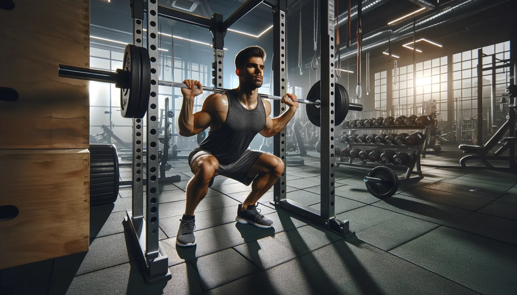 Homme faisant un squat dans une salle de sport devant un rack à squat.