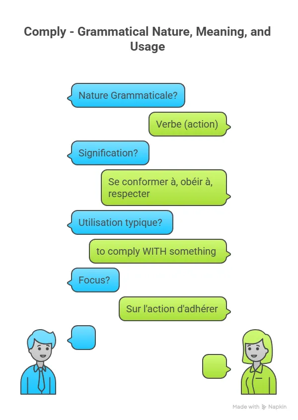 infographie qui résume l'utilisation du verbe "comply"