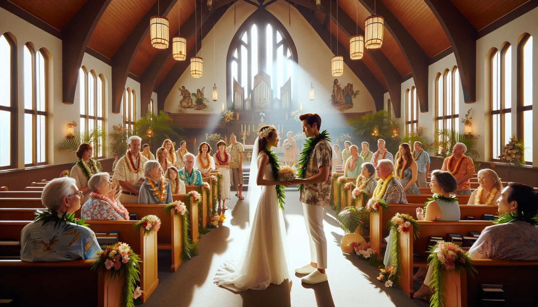 Mariage hawaïen à l'intérieur d'une église, avec le couple échangeant des vœux ou des leis, entouré de proches et d'amis en tenue hawaïenne