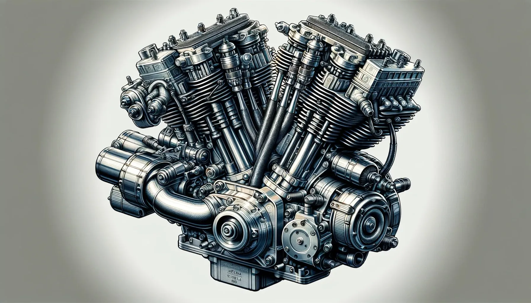 Illustration détaillée et hyper-réaliste d'un moteur V-twin, mettant en avant sa complexité mécanique.