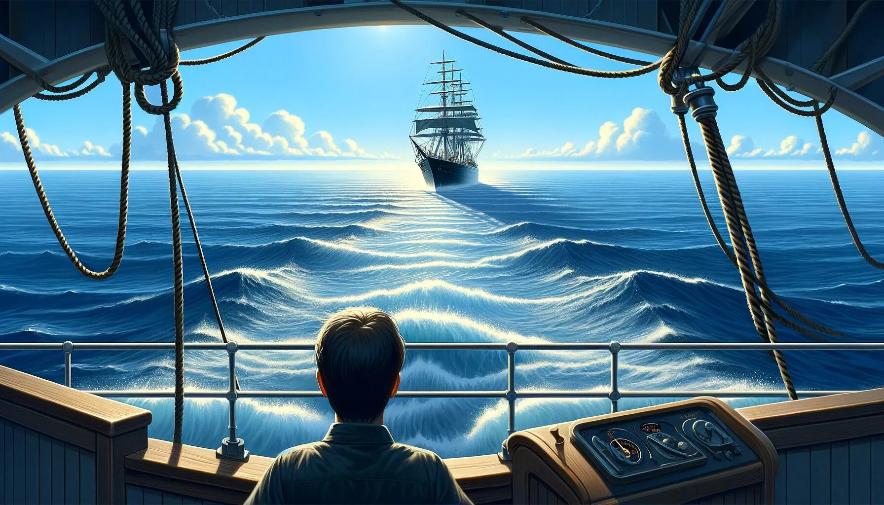 Illustration numérique d'un navire s'approchant à distance visible en mer, avec un vaste océan bleu et un ciel clair.