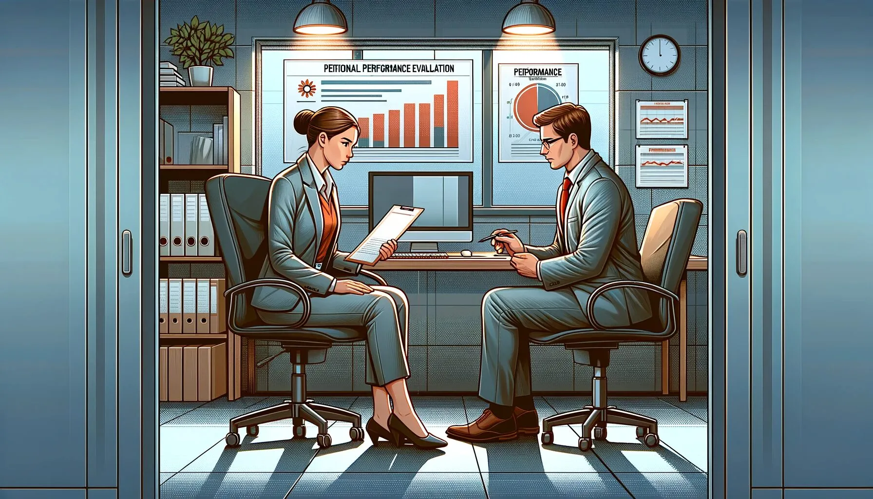 Illustration numérique d'une évaluation périodique des performances d'un employé, avec un employé et un manager dans un bureau moderne.