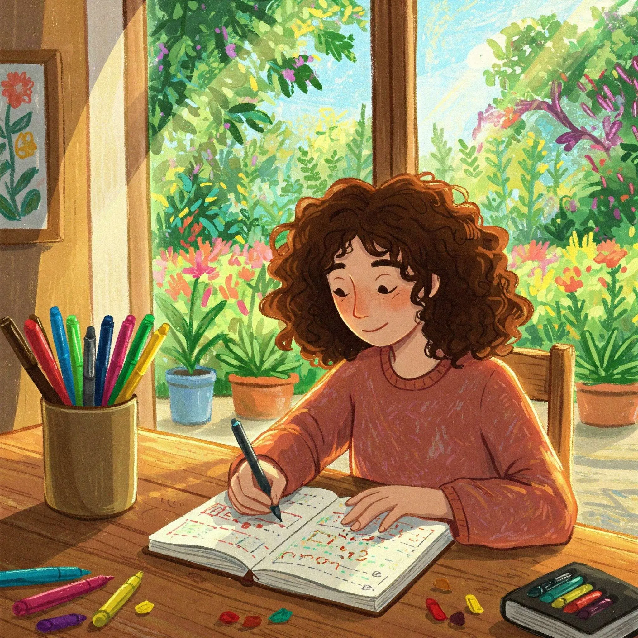 Image d'une personne écrivant dans un carnet physique avec des stylos colorés