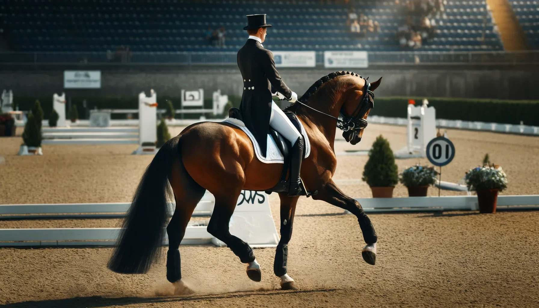 Photographie d'un cheval et son cavalier exécutant un mouvement de dressage lors d'une compétition équestre.