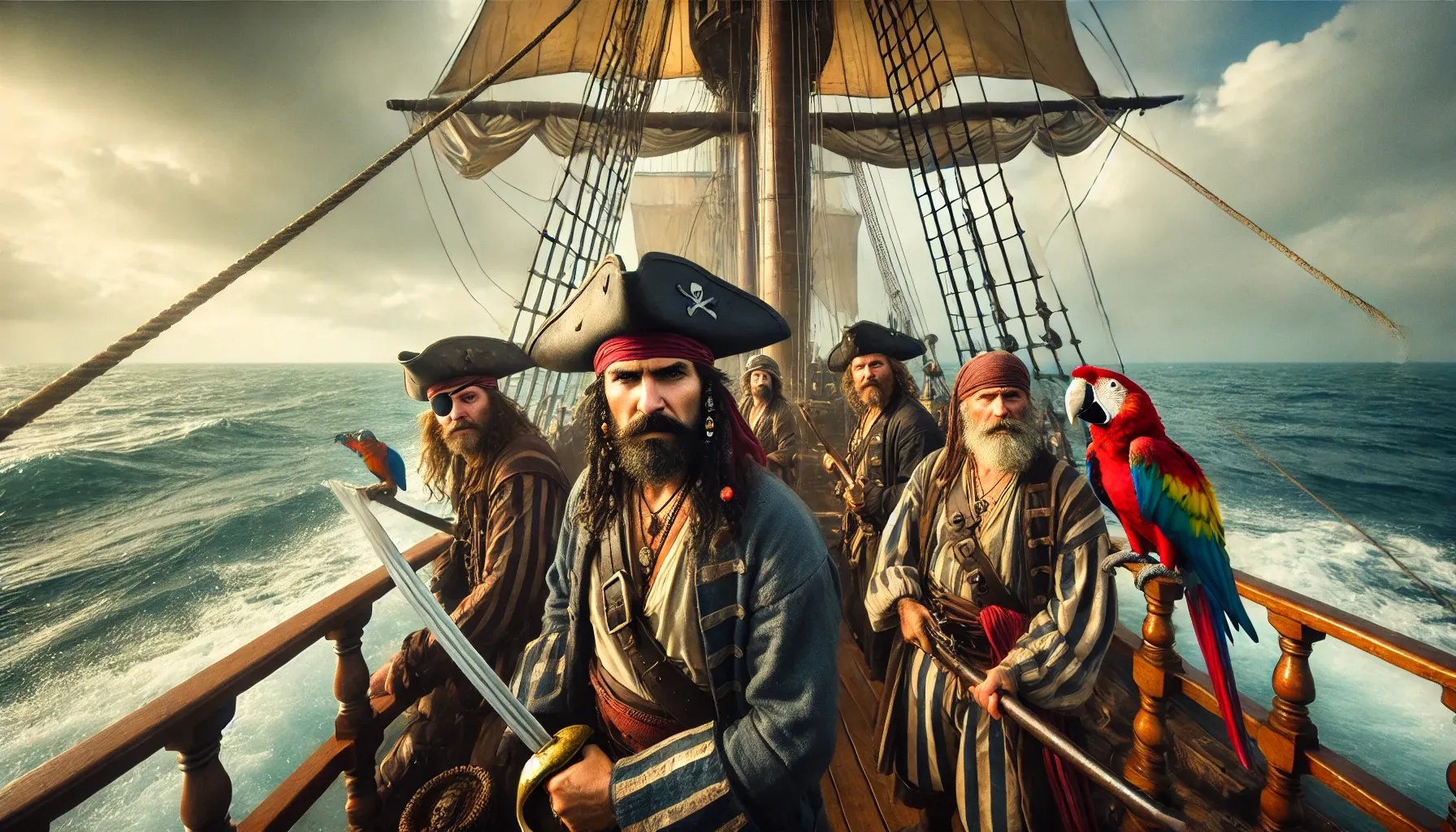 Photo de pirates sur un bateau en bois naviguant en pleine mer sous un ciel légèrement nuageux, avec plusieurs pirates en vêtements d'époque, certains brandissant des épées et des pistolets, et un perroquet coloré sur l'épaule d'un pirate.