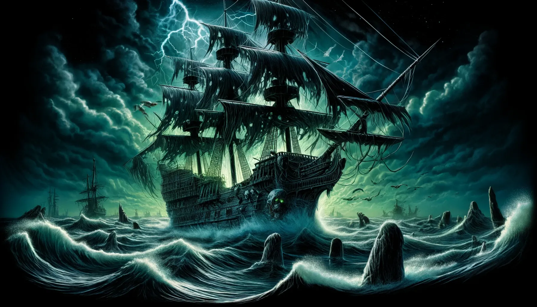 Illustration mystérieuse et fantastique du Flying Dutchman, le légendaire navire fantôme, sur une mer sombre et orageuse avec des voiles déchirées, des mâts tordus et une lueur spectrale verte, sous un ciel rempli de nuages noirs et d'éclairs.