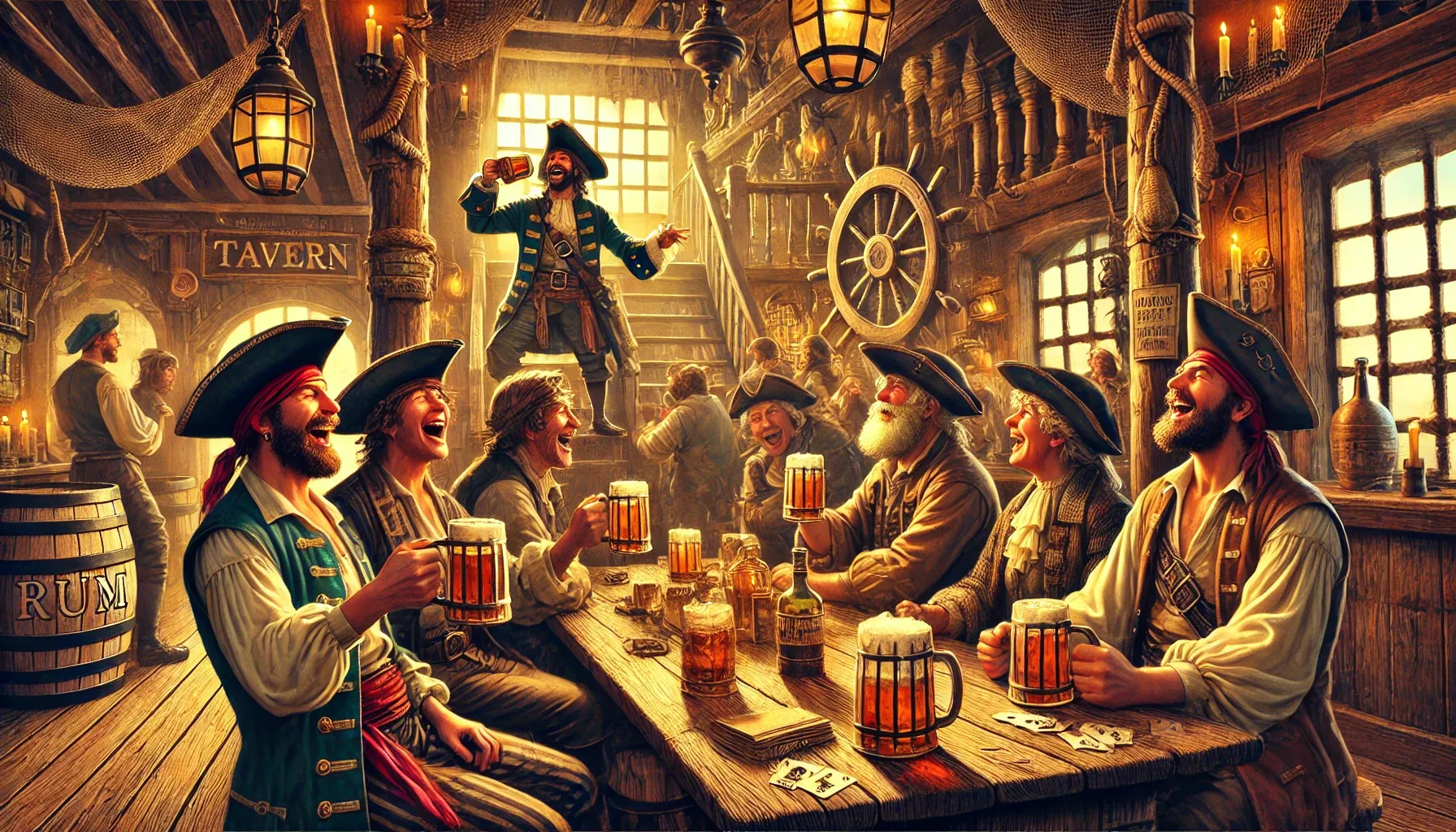 Illustration vivante de pirates buvant du rhum dans une taverne en bois, avec plusieurs pirates en vêtements d'époque assis autour d'une grande table, riant et levant leurs chopes de rhum, un pirate debout sur la table tenant une bouteille de rhum et chantant joyeusement.