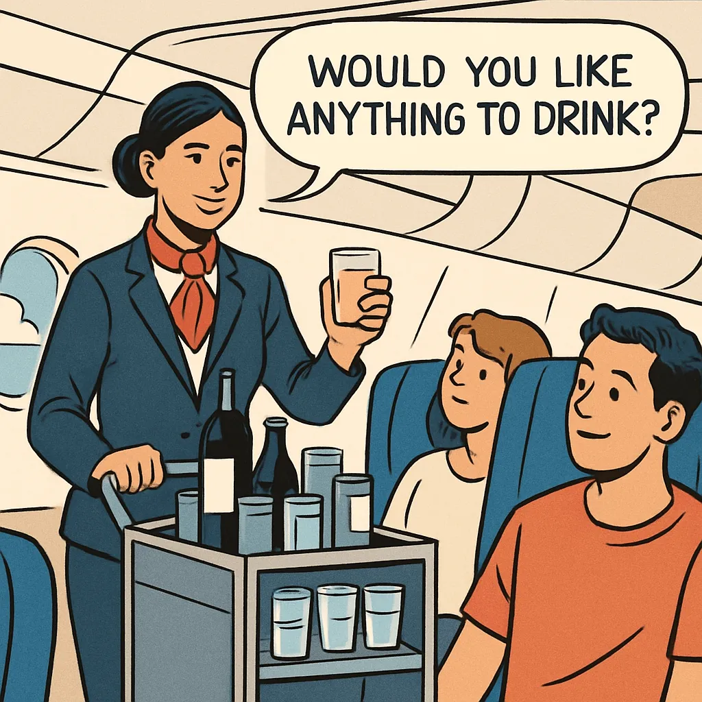 Service à Bord : Un(e) PNC poussant un chariot (trolley / cart) et proposant une boisson (Would you like anything to drink?).
