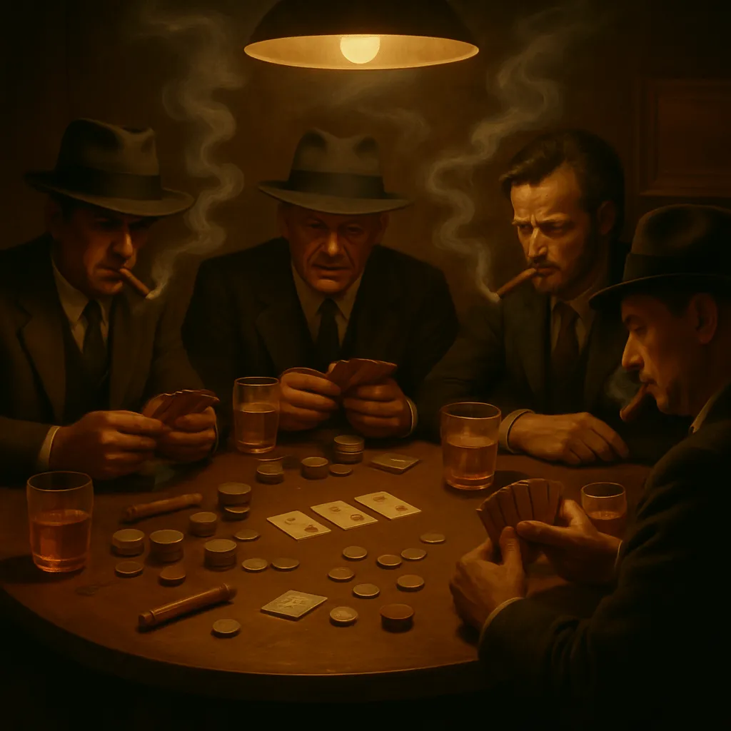 L'image montre une scène de poker dans une salle enfumée. Quatre hommes sont assis autour d'une table ronde, concentrés sur leurs cartes. Ils portent des costumes et des chapeaux, renforçant l'ambiance vintage. Des verres de whisky sont posés sur la table, ainsi que des cigares et des jetons de poker. La lumière tamisée crée une atmosphère mystérieuse et intense, avec la fumée des cigares flottant dans l'air.