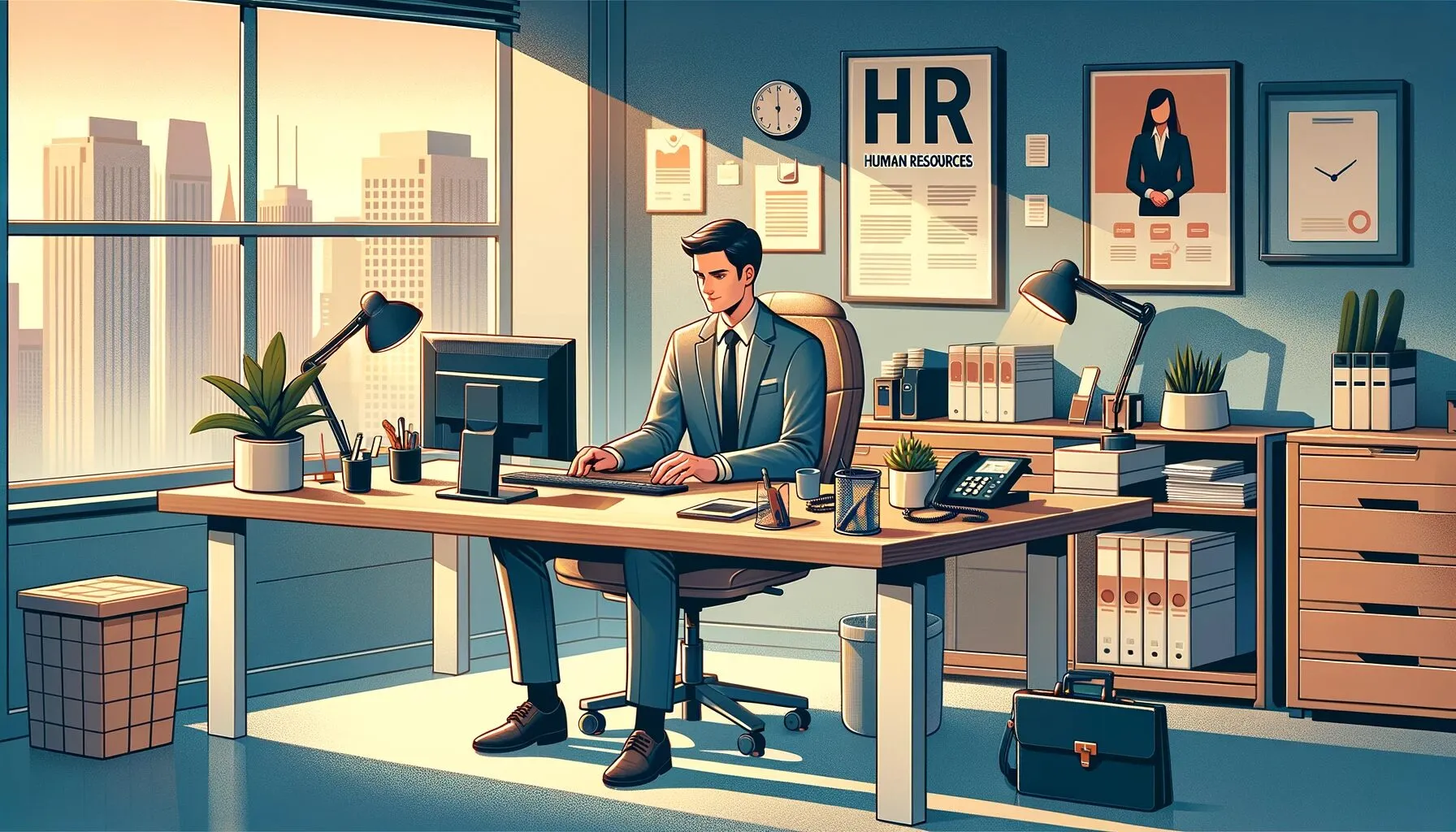 Illustration numérique d'une personne travaillant dans les ressources humaines, dans un bureau moderne avec ordinateur, téléphone et documents.