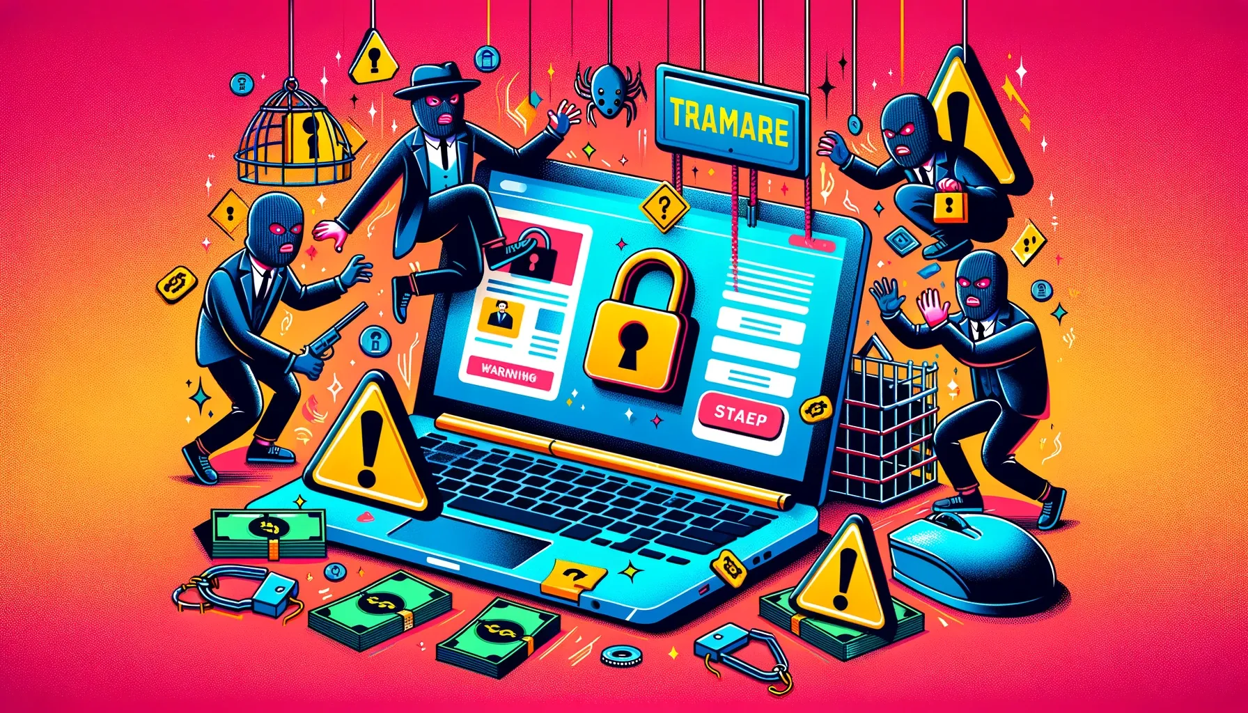 Illustration vibrant de couleurs avec un ordinateur ouvert sur une page d'achat en ligne, entouré de personnages représentant des escrocs et d'avertissements sur les arnaques en ligne.
