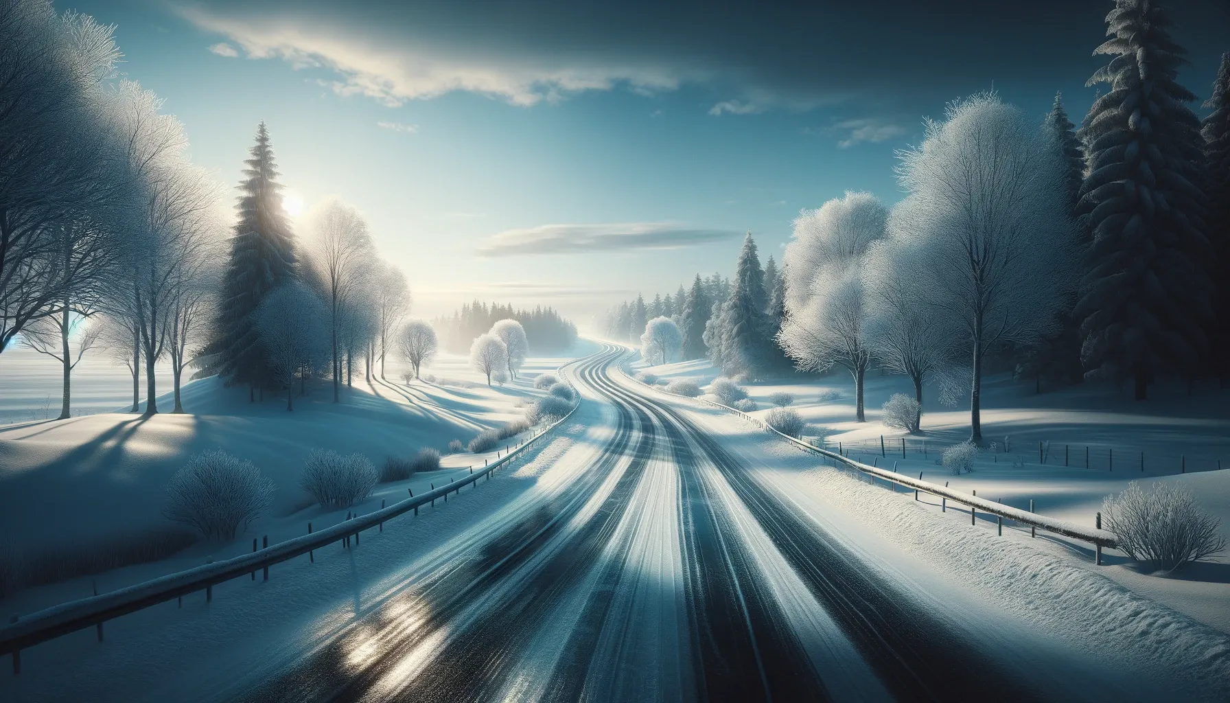 Routes glacées serpentant à travers un paysage enneigé sous un ciel bleu pâle.