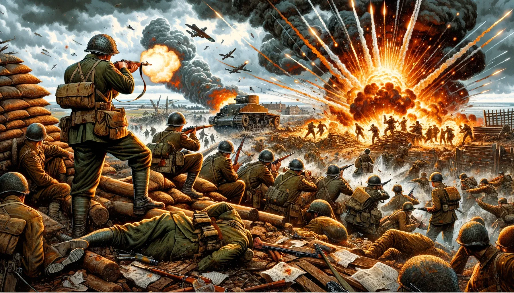 Illustration d'une bataille intense de la Seconde Guerre mondiale avec des soldats en action et des explosions.