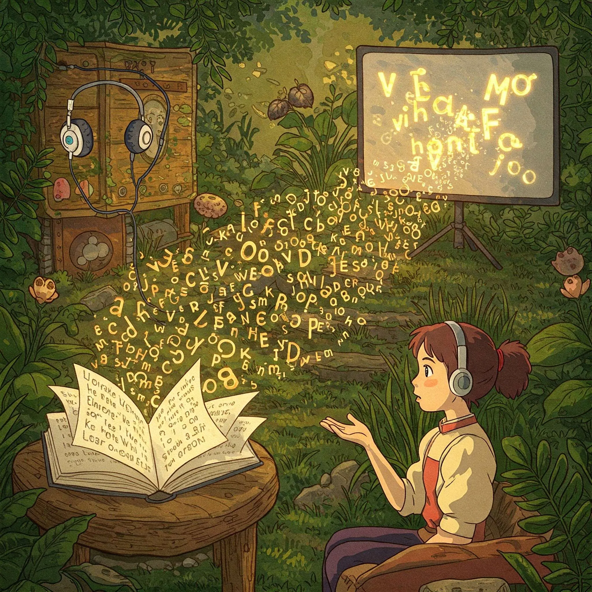 Image montrant différentes sources de mots : livre, écran de film, écouteurs, personne discutant