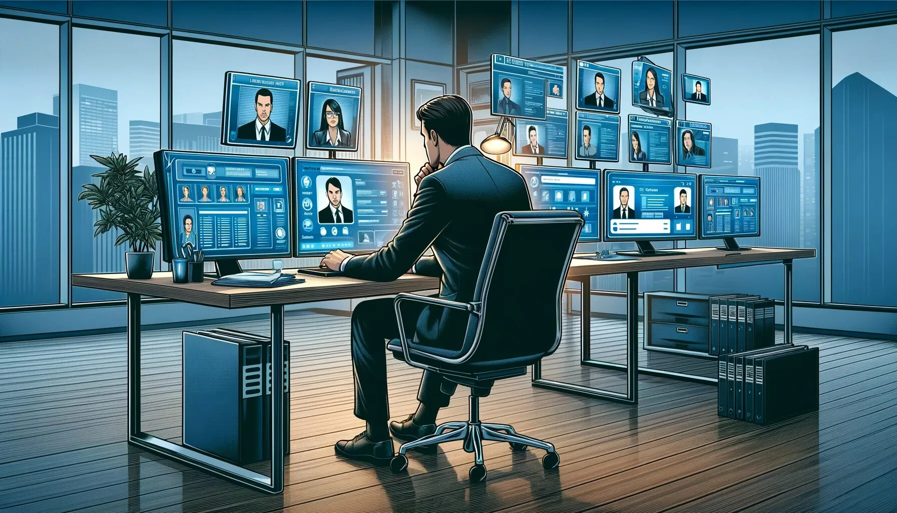 "Illustration numérique d'un spécialiste en acquisition de talents travaillant dans un bureau d'entreprise moderne, entouré d'écrans affichant des profils de candidats.