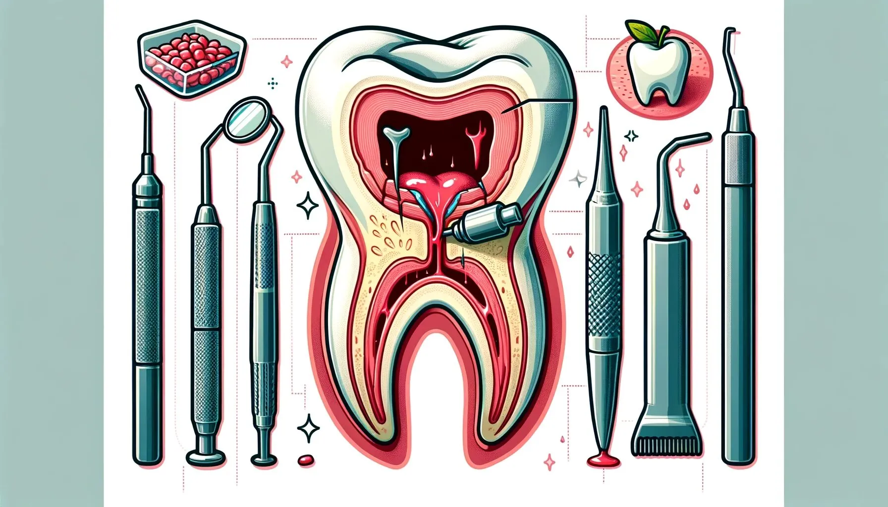 Illustration éducative d'une procédure de traitement de canal, montrant une dent coupée en deux avec un nerf endommagé en cours d'extraction et des outils dentaires spécifiques