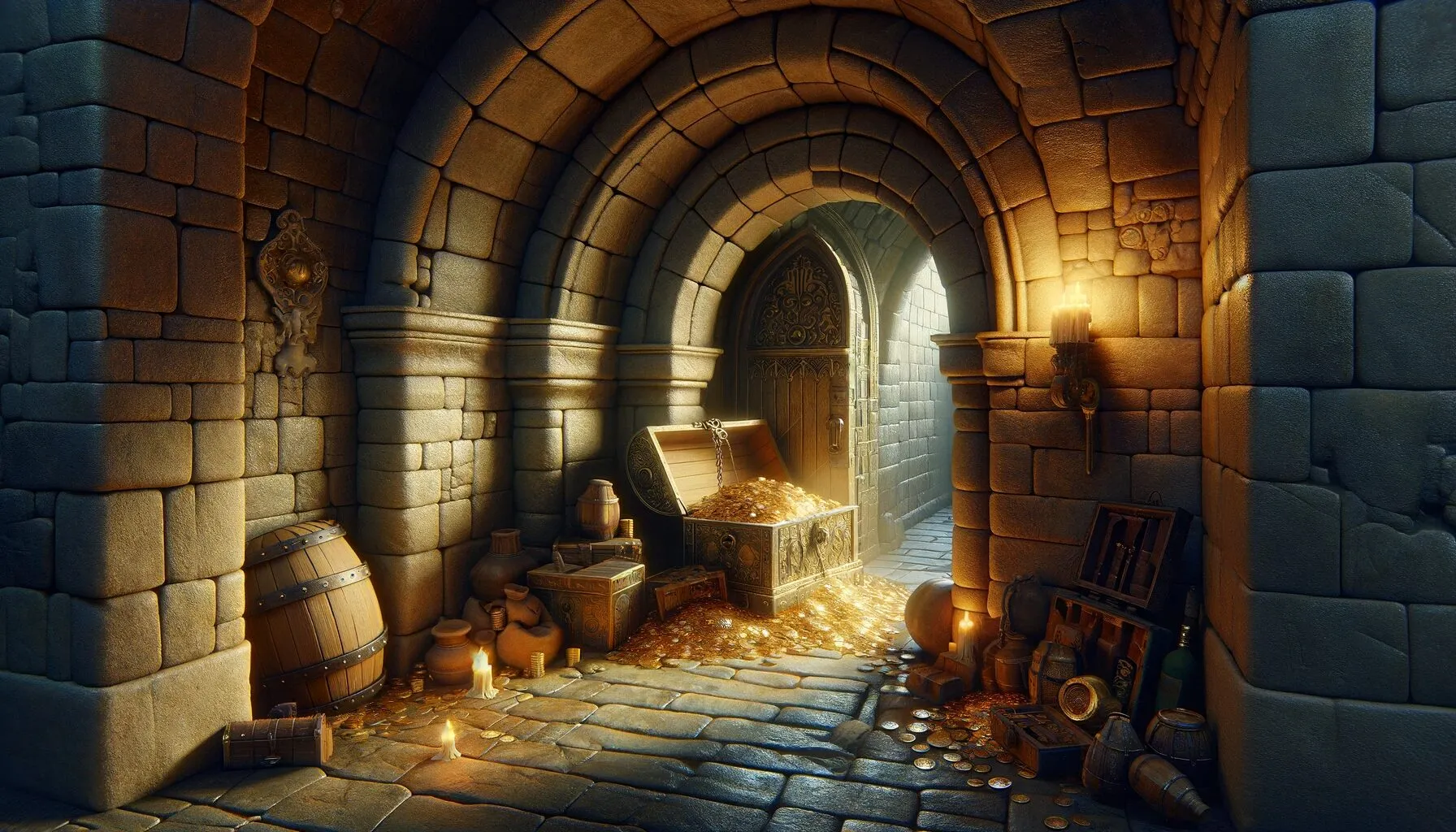 Illustration numérique d'un trésor caché dans les murs d'un château, avec un aperçu de pièces d'or et de joyaux dans un compartiment secret.