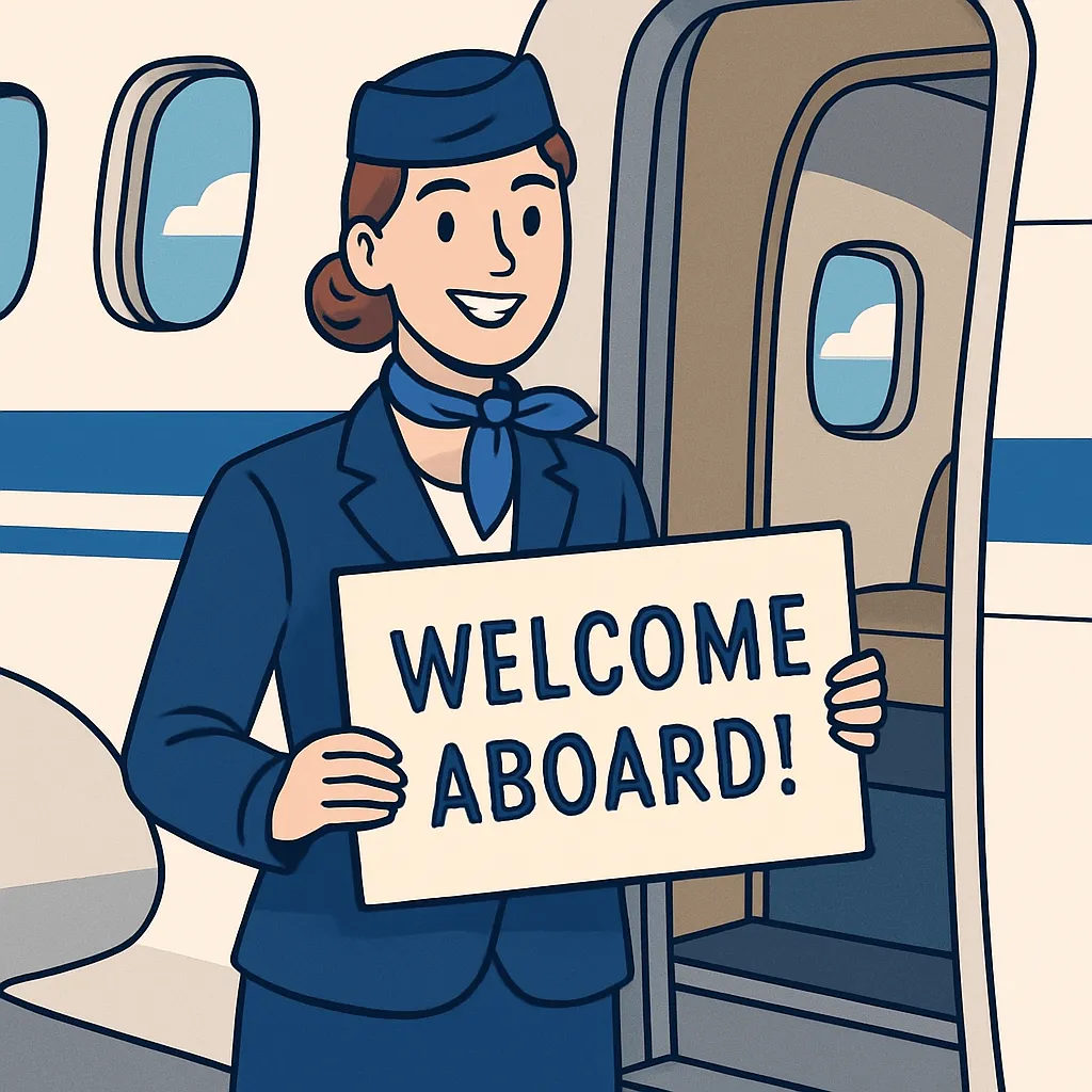 Un(e) PNC souriant(e) accueillant les passagers à la porte de l'avion (Welcome aboard!).
