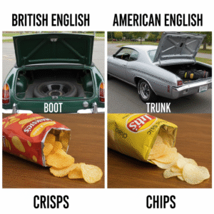 Comparaison visuelle du vocabulaire anglais britannique et américain, montrant un boot (coffre) et un trunk (coffre)