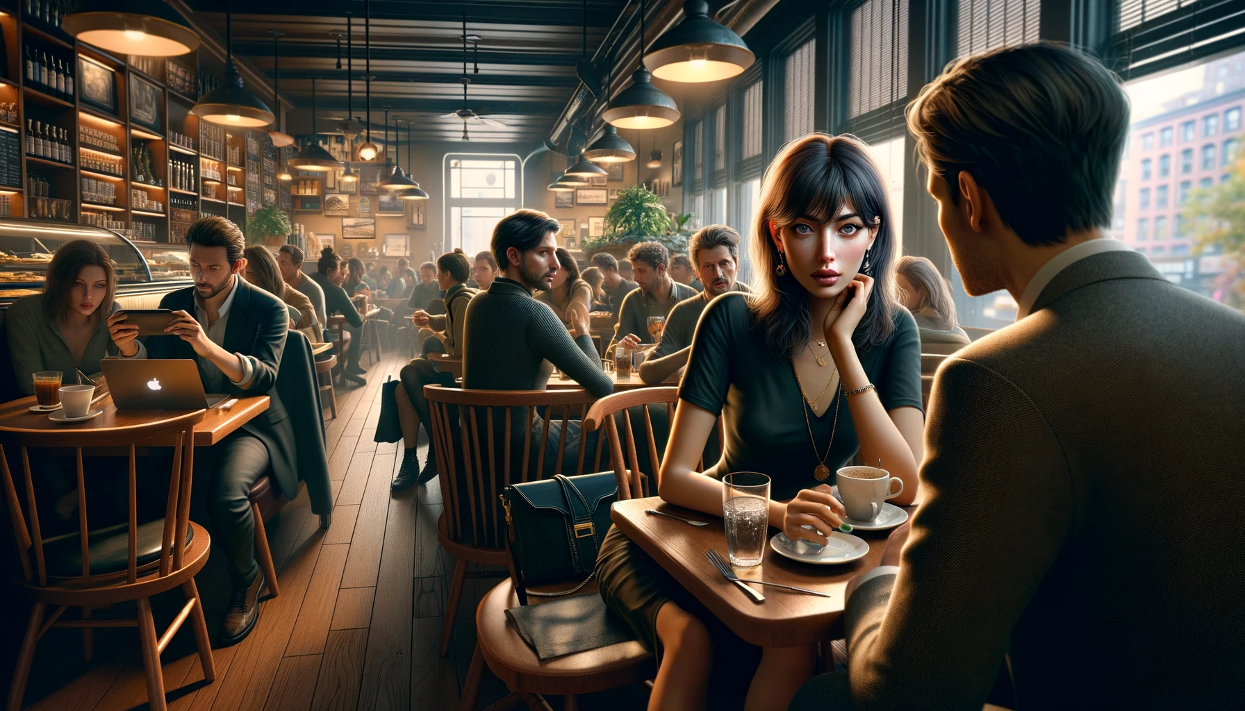 15 manières de dire "regarder" en anglais 1 Illustration hyper-réaliste d'une jeune femme tentant de ne pas fixer un homme qui la regarde dans un café urbain animé, capturant la tension d'une interaction non verbale.