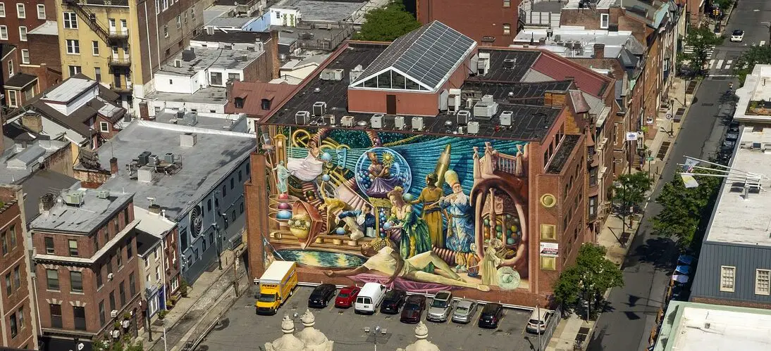 Une fresque de Philadelphie vue du ciel.