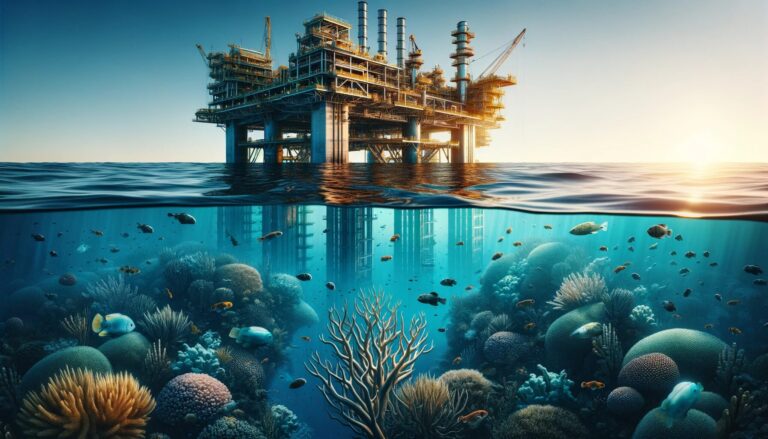 Une plateforme pétrolière offshore immergée partiellement dans l'océan avec la vie marine visible sous l'eau.
