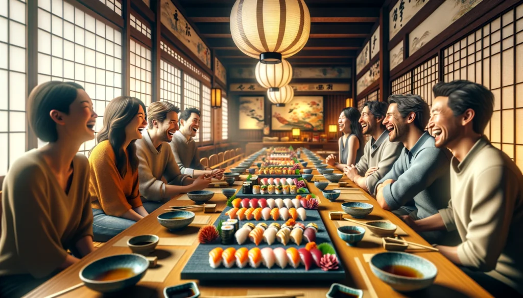 Amis partageant un repas dans un restaurant de sushi traditionnel à Tokyo.