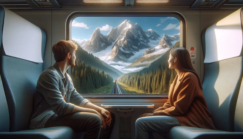 Couple voyageant en train avec vue sur des paysages montagneux à travers la fenêtre.