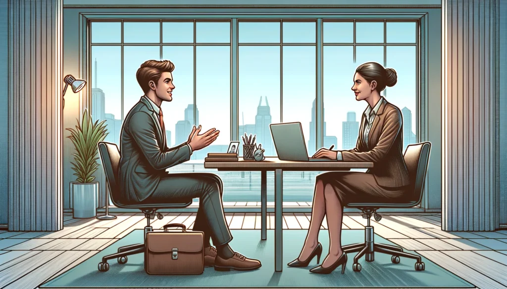 Scène d'entretien d'embauche illustrant un candidat exprimant son intérêt pour le poste dans un bureau moderne.