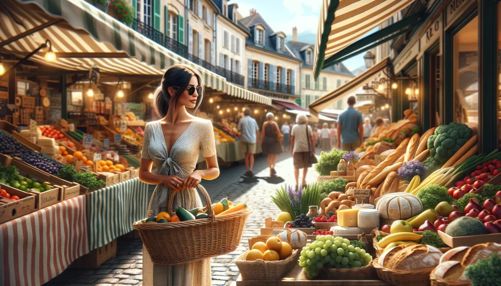 Femme élégante faisant ses achats dans un marché provincial français typique.