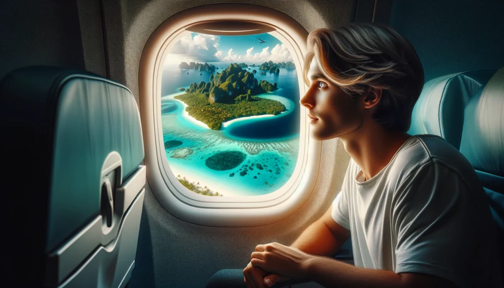 Jeune adulte admirant une île paradisiaque depuis le hublot d'un avion.