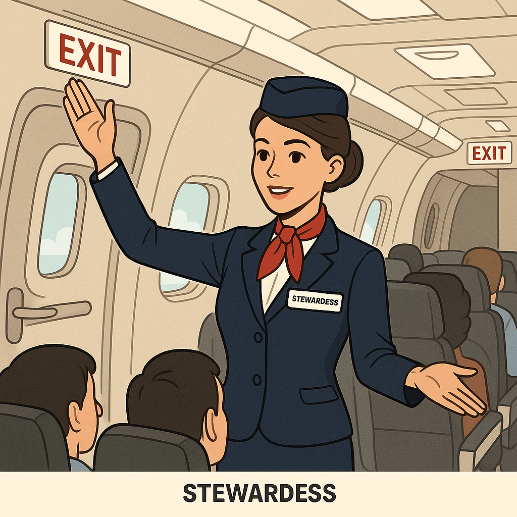 image d'une stewardess montrant les issues de secours