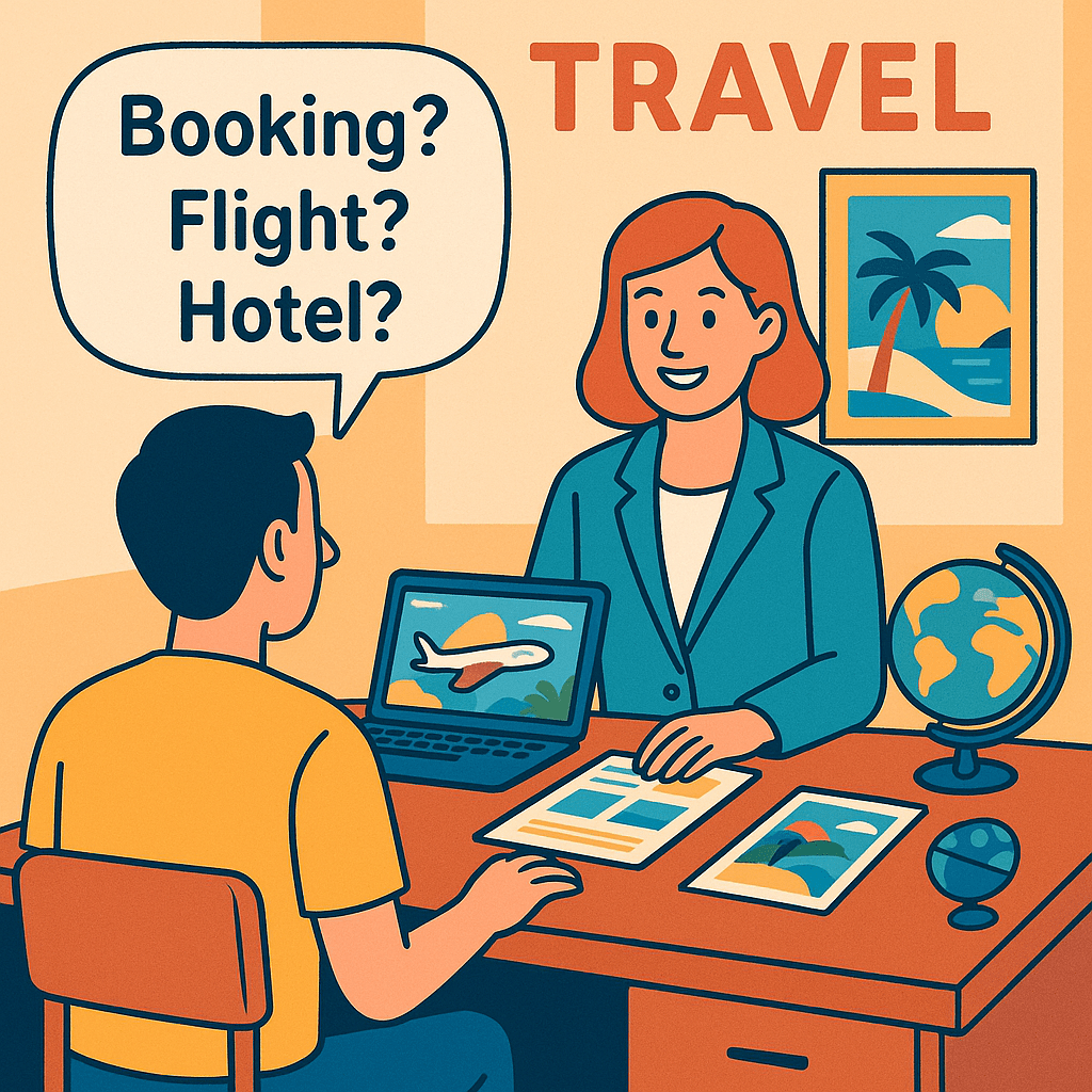 Une illustration colorée et accueillante dans un style moderne et plat. On y voit une personne (représentant l'apprenant français) assise à un bureau face à un agent de voyage souriant dans une agence de voyage lumineuse. Sur le bureau, on peut voir des brochures de voyage, un ordinateur portable affichant un site de réservation ou des destinations, et peut-être un petit globe terrestre ou un avion miniature. Au-dessus de la tête de l'apprenant, une bulle de dialogue simple contient quelques mots clés en anglais tirés de l'article, comme "Booking?", "Flight?", "Hotel?", pour symboliser l'apprentissage et l'utilisation du nouveau vocabulaire. L'ambiance générale est positive, encourageante et axée sur la communication pour voyager.