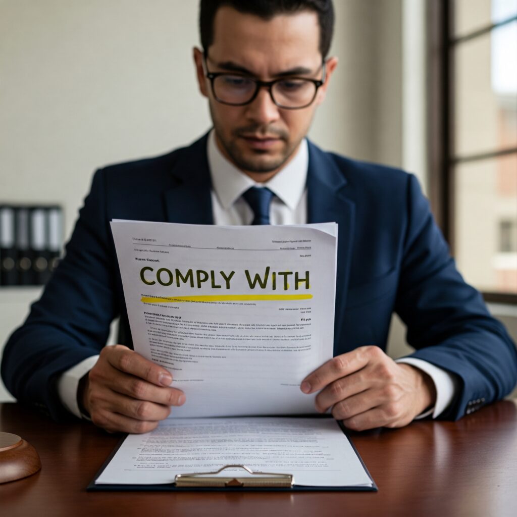 Une personne examine attentivement un document où l'obligation de 'Comply With' (se conformer à) est surlignée, représentant l'importance de la conformité réglementaire.